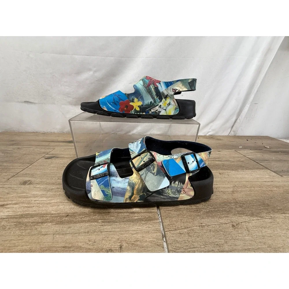 Birkis Birkenstock Men 42 Tropical Graphic Print 3-Strap Buckle Sandals Black